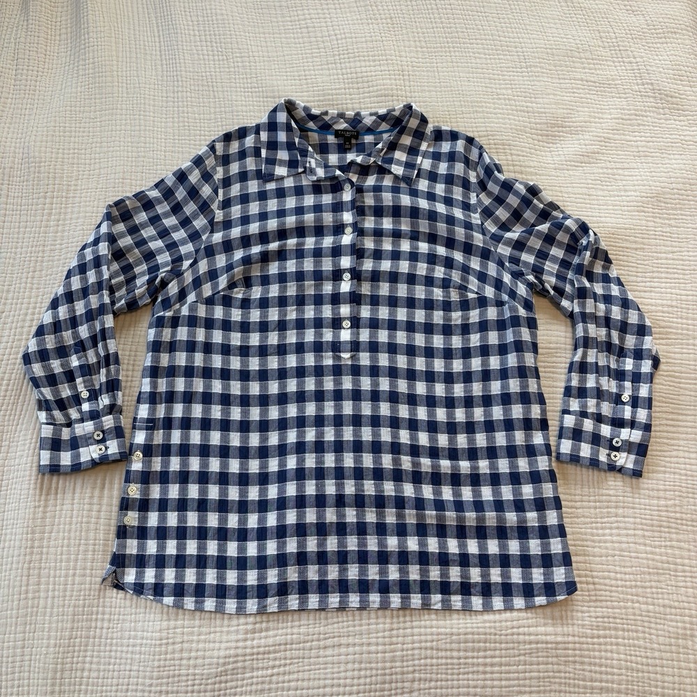 Talbots shirt blue white gingham plaid popover lightweight Women's 1X Beach Boho